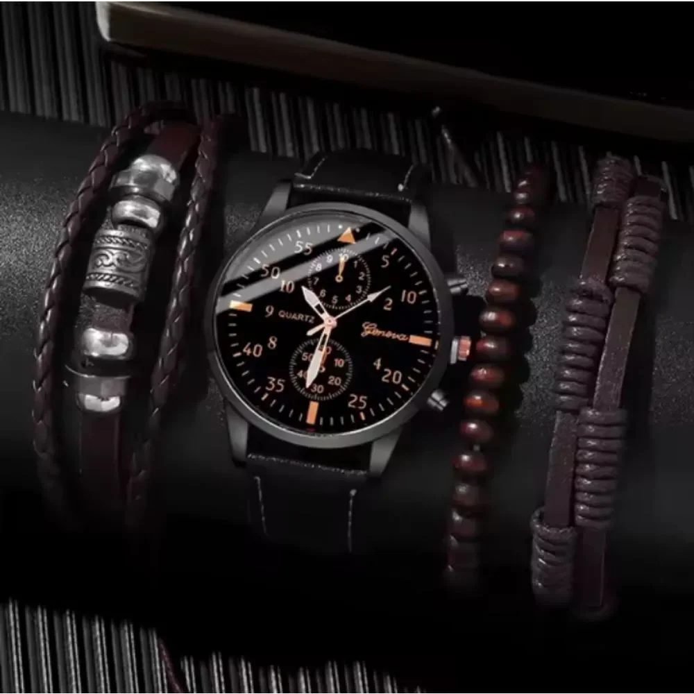 Men's Watch And Bracelet Set braided‎ layered beaded brown new e88